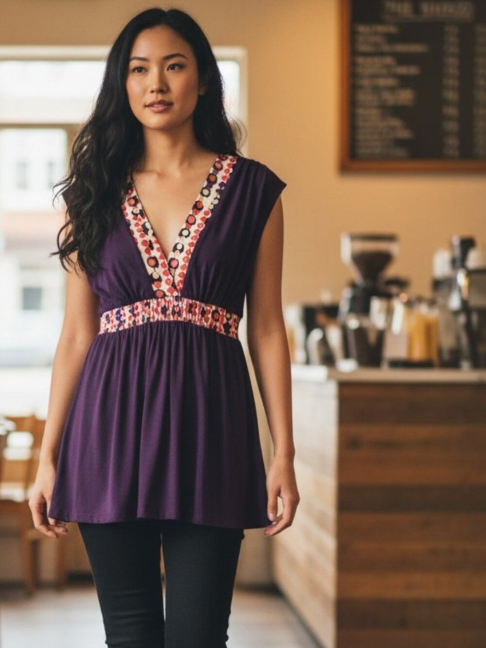XOXO Geometric Circle Print Blouse Medium Purple Red Tan Black White Y2K Top